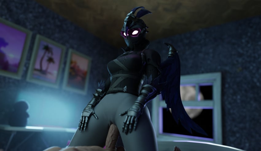 3d dustyboyo fortnite huge_cock light-skinned_male purple_eyes ravage_(fortnite) raven riding riding_penis voluptuous_female wings