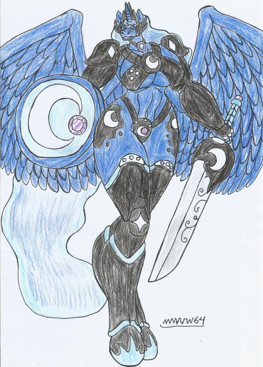 alicorn alicorn_(mlp) alicorn_anthro alicorn_girl alicorn_princess anthro big_breasts big_hips bikini_armor blue_body blue_fur blue_hair female_knight female_only hasbro marlon64 my_little_pony my_little_pony_friendship_is_magic princess_luna_(mlp) sword_and_shield swordswoman traditional_drawing_(artwork) traditional_media_(artwork) white_background winged_humanoid wings