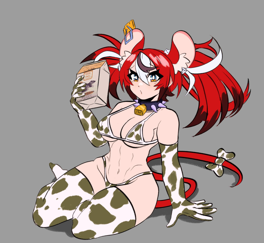 alternate_costume armwear black_hair blue_eyes clothed clothing cow_bell cow_bell_collar cow_print cow_print_armwear cow_print_bikini cow_print_legwear cowgirl_outfit grey_background hair hakos_baelz hand_on_floor holding_milk holding_object hololive hololive_english hololive_english_-council- hololive_english_-promise- large_breasts legwear light-skinned_female light_skin long_hair meme milk milk_carton mousetrap multicolored_hair neckwear nipple_outline peagade purple_collar rat rat_ears rat_girl rat_milk_(meme) rat_tail red_ears red_hair simple_background simple_shading sitting sitting_on_floor spiked_collar spikes thick_thighs virtual_youtuber vtuber white_hair