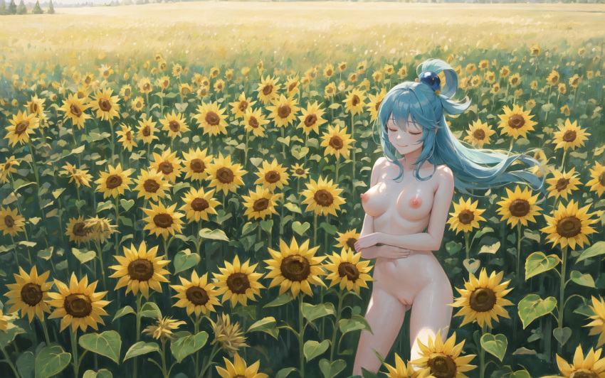 1girls ai_generated aqua_(konosuba) breast breasts closed_eyes female female_only kono_subarashii_sekai_ni_shukufuku_wo! nipples nude nude_female outdoors pussy self_upload solo stable_diffusion sunflowers uncensored