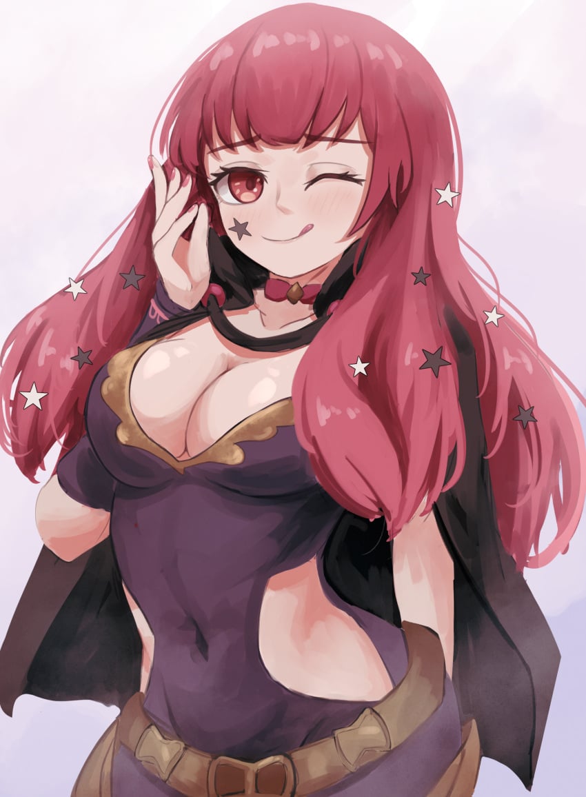 1girls :p belt black_cape bodysuit breasts cape choker cleavage clothing_cutout commentary facial_mark female female_only fire_emblem fire_emblem_engage florentia_menma fully_clothed hair_ornament highres long_hair nintendo red_eyes red_hair side_cutout simple_background smile solo star_(symbol) star_facial_mark star_hair_ornament tongue tongue_out yunaka_(fire_emblem)