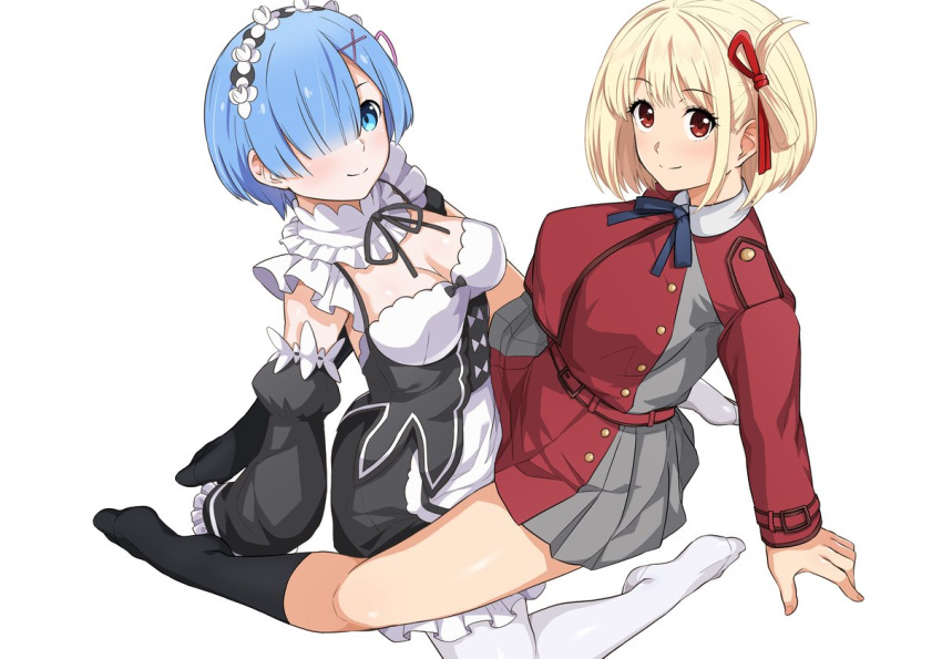 2girls blonde_hair blue_eyes blue_hair breasts cleavage dress feet female female_only hair_over_one_eye haruhisky human implied_tribadism lycoris_recoil maid maid_headdress matching_hair/eyes nishikigi_chisato re:zero_kara_hajimeru_isekai_seikatsu red_eyes rem_(re:zero) school_uniform short_hair simple_background skirt smile thighs white_background x_hair_ornament yuri