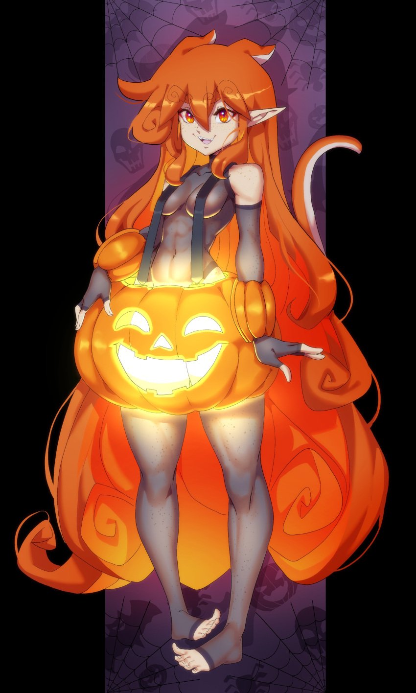 1girls absurd_res female female_only glowing halloween halloween_costume long_hair looking_at_viewer nisego orange_eyes orange_hair original pointy_ears pumpkin smiling smiling_at_viewer solo tail very_long_hair wonhan_(nisego)