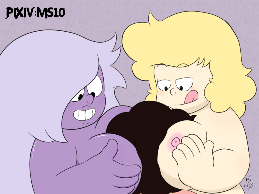 1boy 2girls 2girls1boy amethyst_(steven_universe) blonde_female blonde_hair blonde_hair_female boob_grab boob_smothering boobs_on_head breast_grab breast_smother breasts breasts_on_face breasts_on_head breasts_out breasts_out_of_clothes brown_hair cartoon_network chubby chubby_female face_in_chest femdom gem_(species) hands_on_breasts long_hair malesub ms10 pink_nipples purple_skin sadie_miller short_hair smile smiling smirk smirking steven_quartz_universe steven_universe teeth teeth_showing teeth_visible text threesome tongue tongue_out watermark white_skin