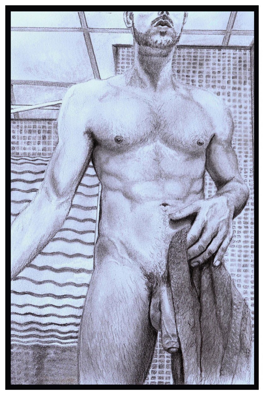 big_dick big_penis cock_out dick flaccid_penis foreskin gay gay_male hairy_chest hand_drawn muscular muscular_male naked naked_male pencil pencil_(artwork) pencil_sketch sketches_by_adab towel towel_boy towel_only veiny_penis