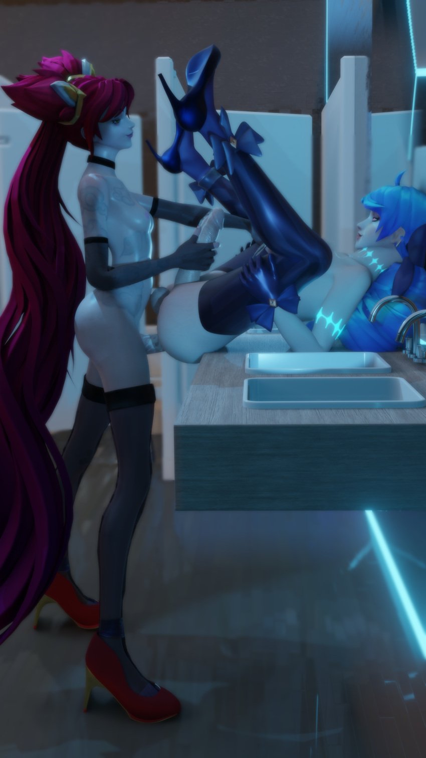 2futas 3d 3dcg blue_hair cum futa_on_futa futanari futanari_penetrating gwen_(league_of_legends) heels high_heels hung_bottom jinx_(league_of_legends) league_of_legends otaviox6 penis red_hair star_guardian_series star_guardian_xayah twin_drills twintails