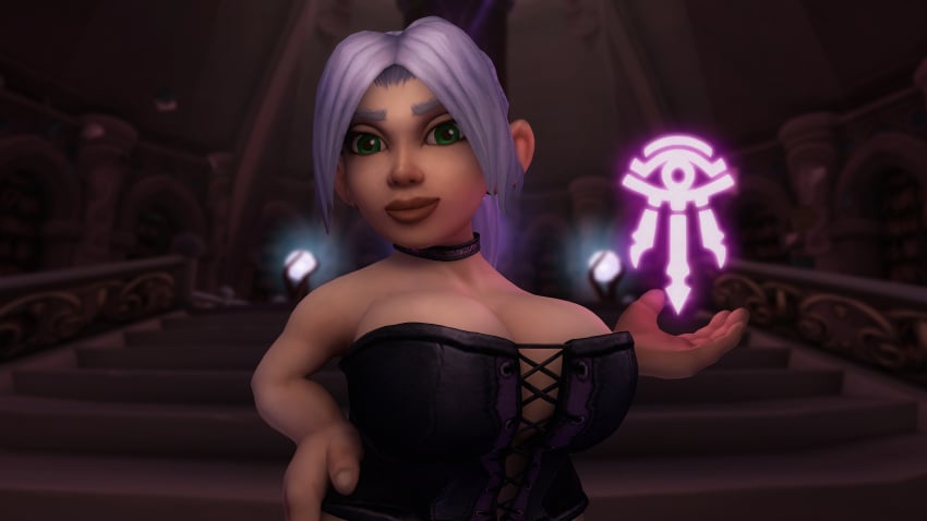 cleavage collar corset gnome gnome_(warcraft) gnome_female gnome_mage green_eyes kaelatheelf kaelscorner large_breasts solo_female warcraft world_of_warcraft