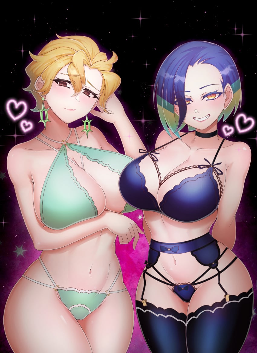 2girls alternate_version_available big_breasts blonde_hair blue_bra blue_hair blue_panties blue_thighhighs blush bottomwear bra breasts briar_(pokemon) brown_eyes busty cleavage ear_piercing earrings female female_only game_freak garter_belt garter_straps green_bra green_panties hair heart hips huge_breasts kukyuu_no_ue lace lace-trimmed_bra lace-trimmed_panties lace-trimmed_thighhighs lace_trim legwear lingerie mature mature_female mature_woman multiple_girls perrin_(pokemon) pokemon pokemon_sv short_hair smile thick_thighs thighhighs thighs topwear