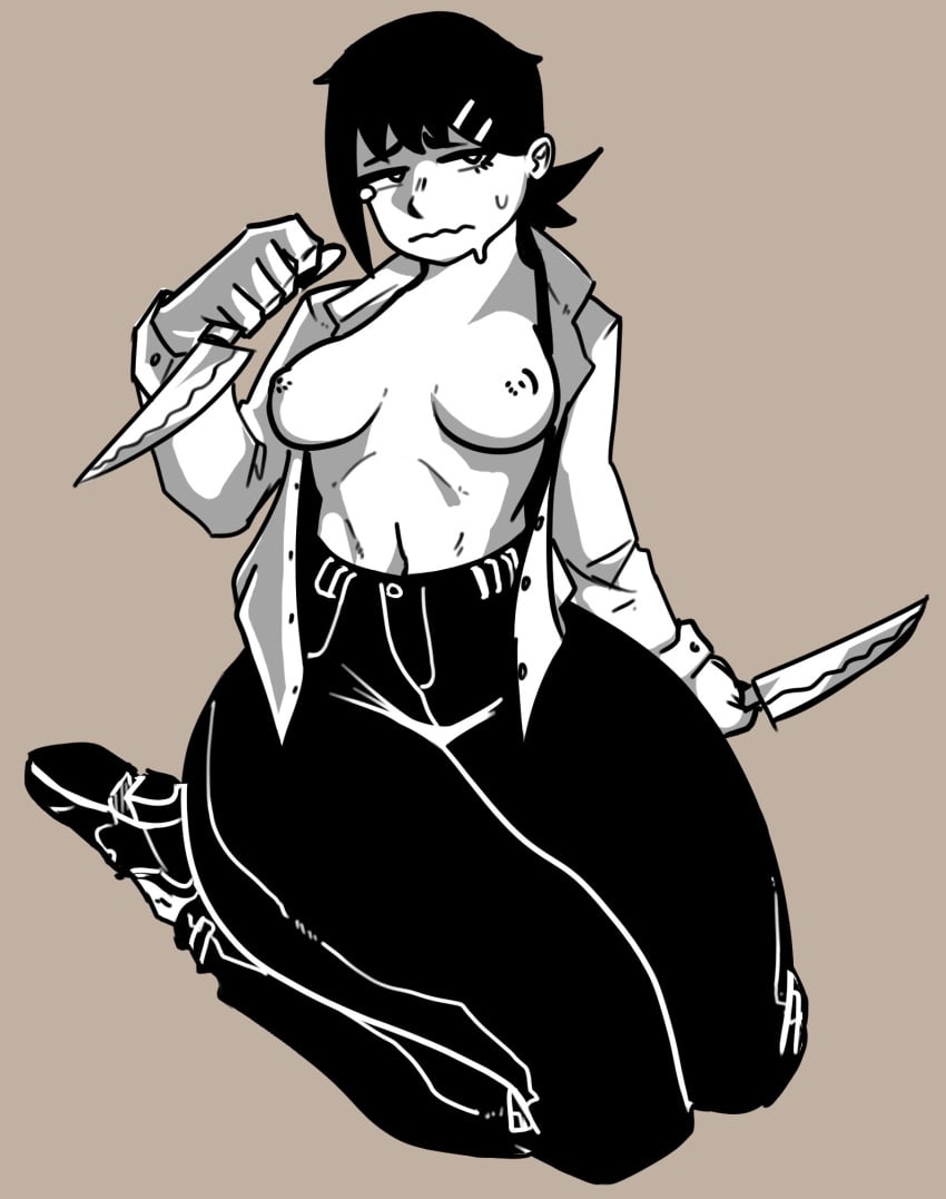 belly belly_button big_breasts black_and_white black_eyes black_hair bloobie_(artist) boobs breasts breasts_out breasts_out_of_clothes breasts_outside chainsaw_man embarrassed female female_only flustered higashiyama_kobeni jeans knife nipples no_bra pants ponytail shirt shirt_open short_hair sneakers tear thick thick_ass thick_butt thick_legs thick_thighs uniform white_body white_nipples white_shirt white_skin work_uniform