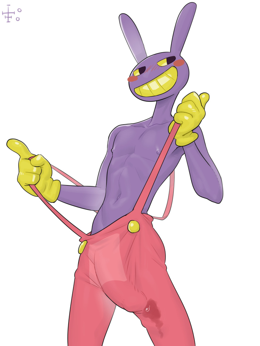 1boy 2023 barazoku big_bulge blush bulge bunny_ears clothing erection_under_clothes gay gloves gooseworx hi_res highres huge_bulge jax_(the_amazing_digital_circus) kiwi_hugh male male_focus male_nipples male_only manly nipples overalls penis_outline precum_through_clothing purple_body rabbit solo solo_male the_amazing_digital_circus yellow_eyes