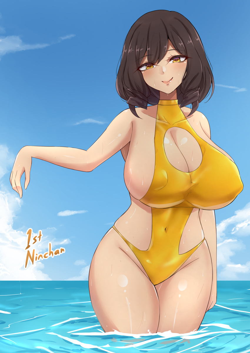 breasts erect_nipples gold_swimsuit large_breasts mistynight nchans nchans_style ninchan_(nchans) sideboob swimsuit wet