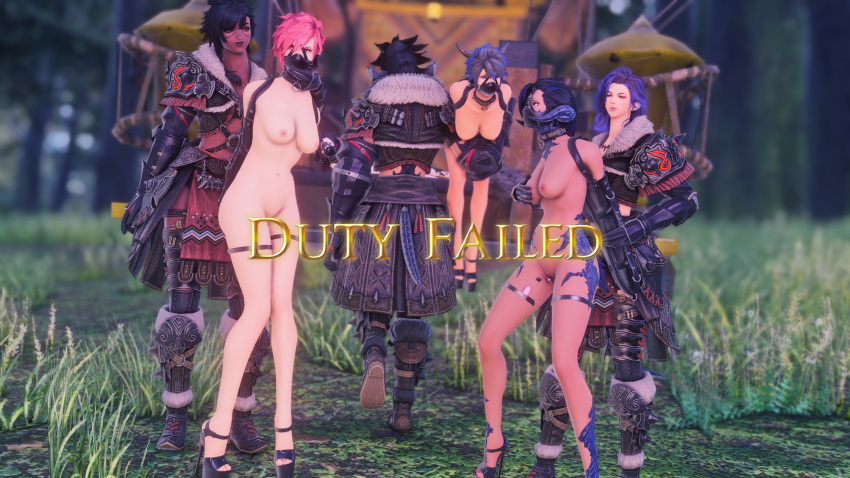 7girls armbinder au_ra bad_end bondage breasts captured carrying collar defeated duty_failed final_fantasy final_fantasy_xiv gag harness_gag high_heels hyur kidnapped kisa_kha miqo'te multiple_doms multiple_girls multiple_subs muzzle_gag muzzled naked rape vibrator viera xaela xerra