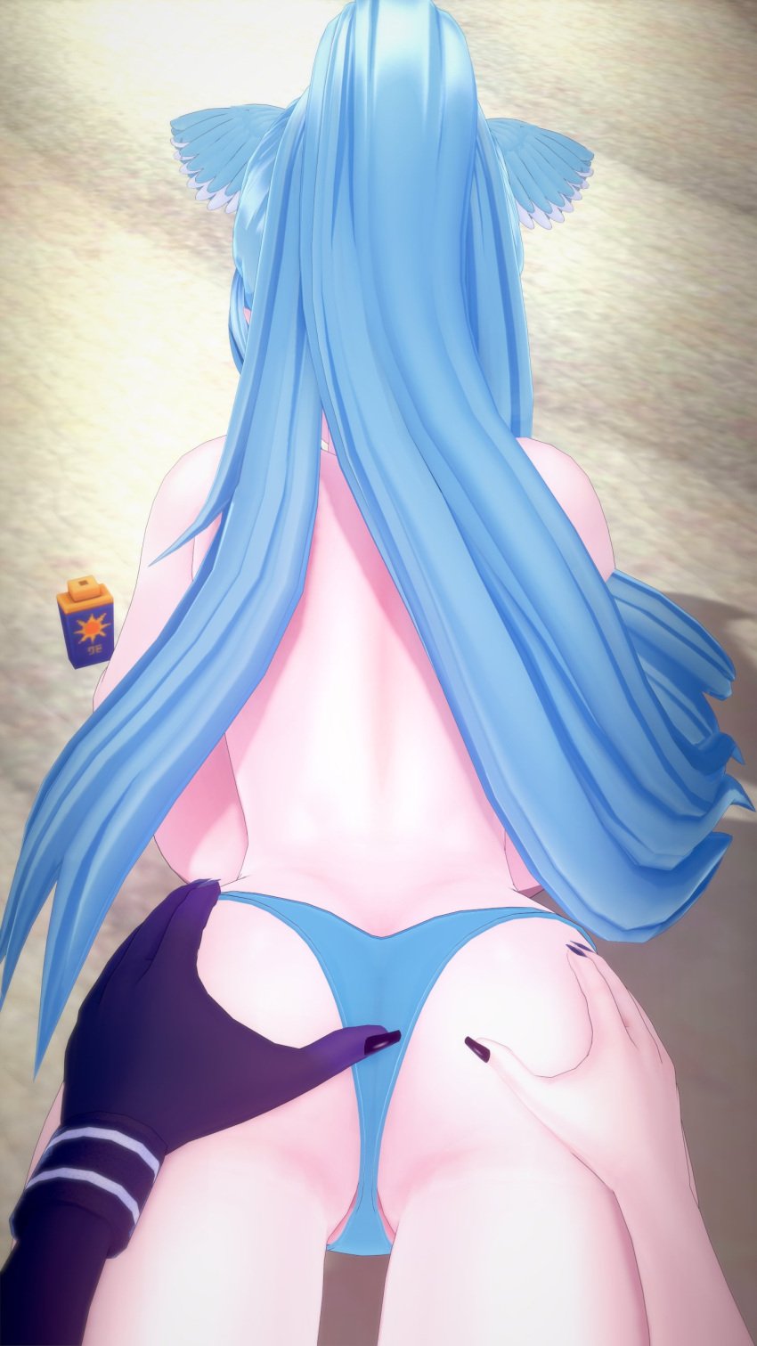 3d ass ass_focus ass_grab asymmetrical_arms backboob black_nails blue_hair blue_panties breasts close-up elira_pendora from_behind grabbing_another's_ass hands_on_ass head_wings koidragoon koikatsu_(medium) large_breasts lotion_bottle nijisanji nijisanji_en ponytail pov sand selen_tatsuki virtual_youtuber