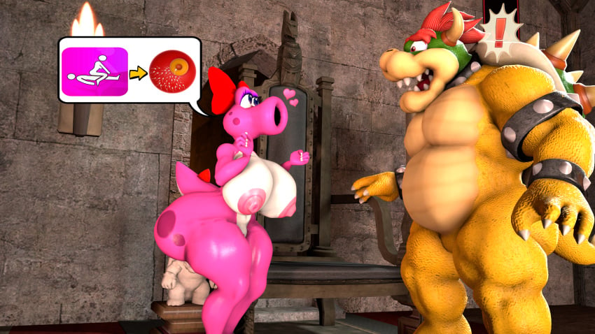 1boy 1girls 3d 3d_(artwork) anthro areola ass big_breasts birdo birdo_(character) bow_accessory bowser breasts castle claws clitoris cobaltapple collar detailed_background digital_media_(artwork) duo exclamation_point feet female genitals hi_res humanoid image_bubble impregnation impregnation_request indoors inside koopa male mammal mario_(series) muscular nintendo nipples nude ovum part_of_a_set pictogram pink_body plant pussy reptile scalie sex sfm siphon_(anatomy) sperm_cell spikes super_mario_bros. tail thick_thighs toe_claws