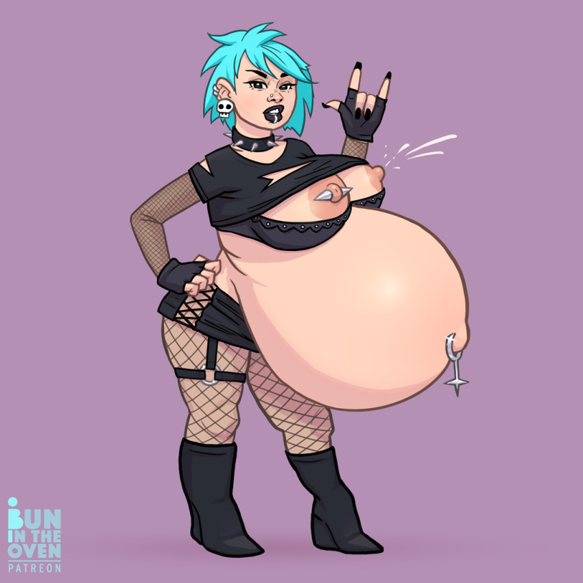 1girls belly big_belly big_breasts black_lipstick blue_hair breasts bunintheoven earrings female fishnets garter_straps huge_belly huge_breasts lactation lip_piercing navel_piercing nipples outie_navel piercing pregnant punk short shortstack solo