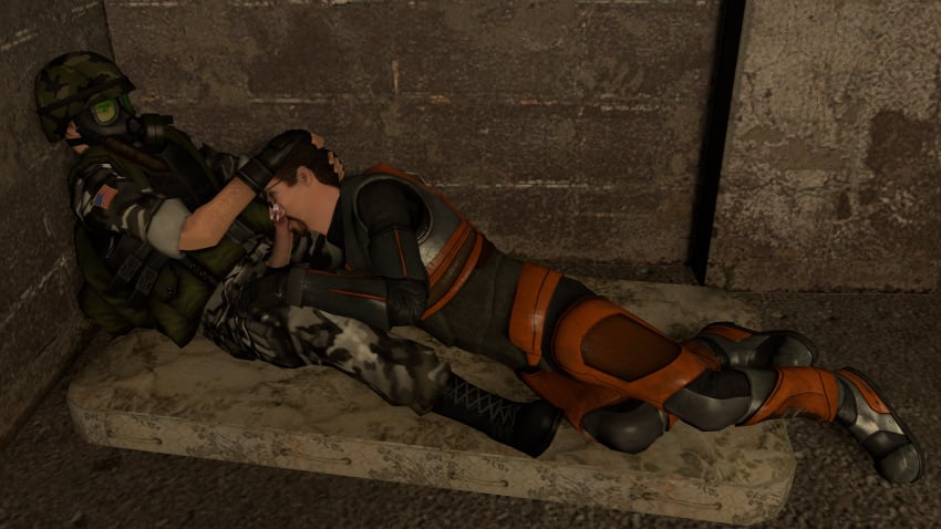 3d adrian_shephard barneysboytoy clothed clothed_sex cum_drip fellatio gay gay_male gordon_freeman half-life half_life_2 kissing_penis laying_on_bed male/male oral precum sfm