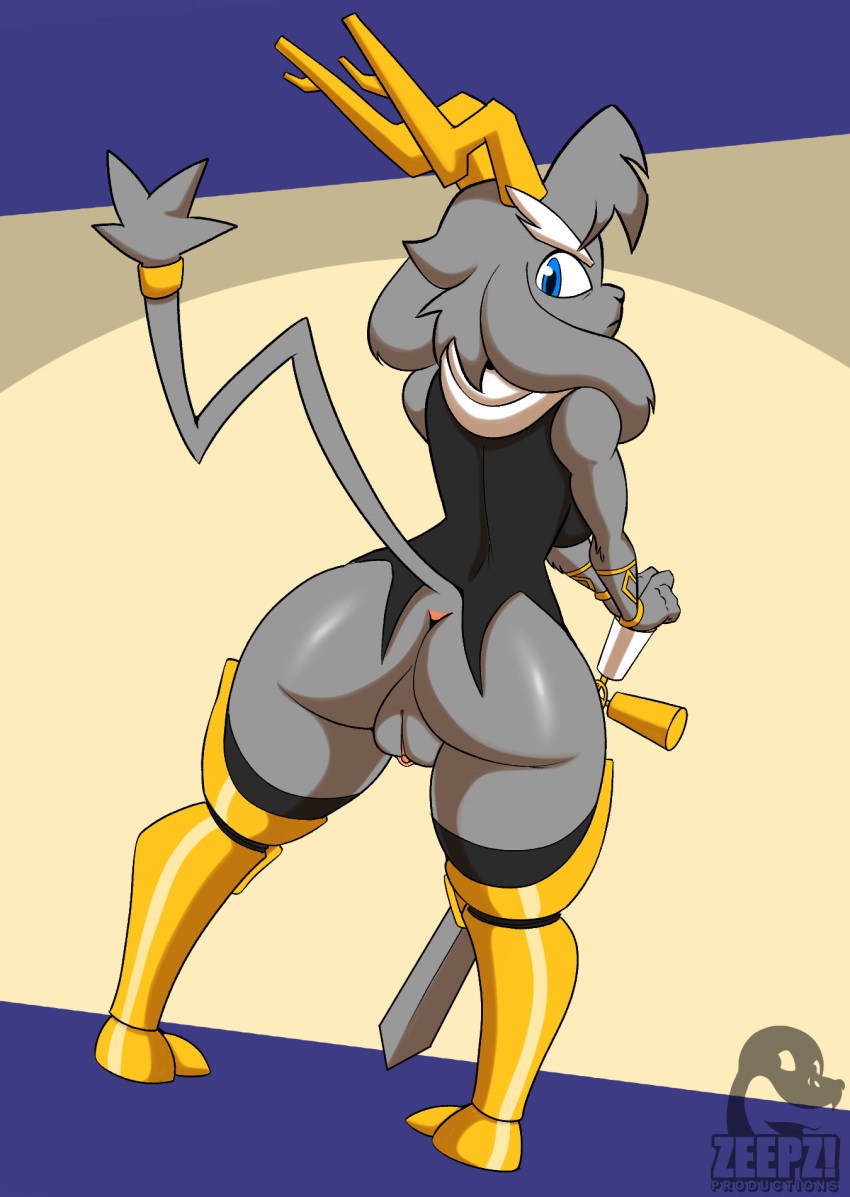 anthro anus armor ass barely_visible_anus big_ass bottomless bovid breasts caprine clitoris clothed clothing female fur genitals goat greaves hi_res horn looking_at_viewer looking_back mammal melee_weapon pseudoregalia pussy rear_view solo sword sybil_(pseudoregalia) weapon zp92