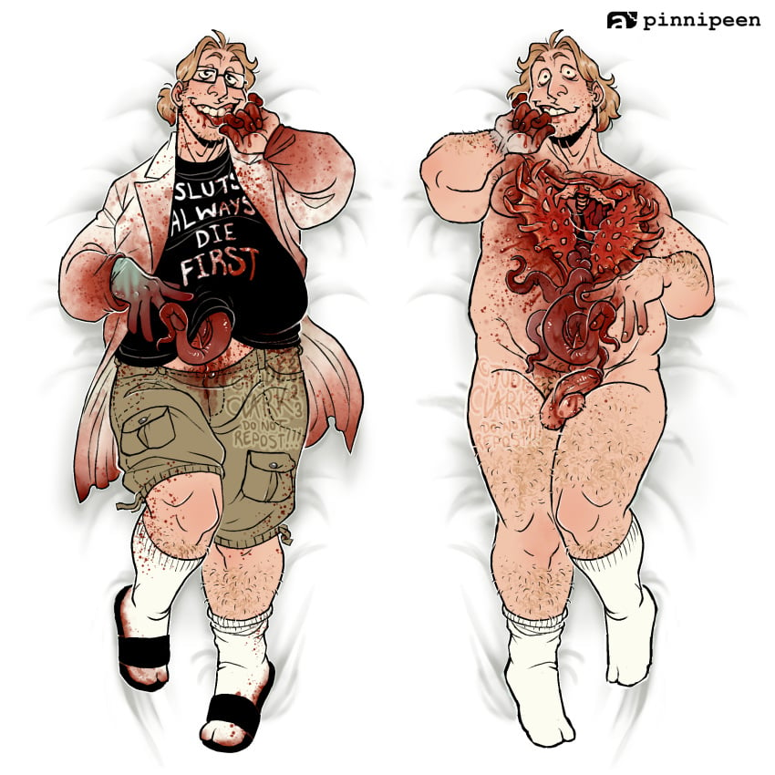 artist_name artist_signature artist_upload average_sized_penis blood blood_on_penis body_hair body_horror body_pillow body_pillow_design chest_mouth chubby chubby_male cock dakimakura dakimakura_design dakimakura_pose dick furaffinity_username glasses gore guro guts horror humanoid implied_cannibalism implied_vore laying_on_back licking_finger looking_at_viewer male male_focus male_only male_ryona maw monster monster_boy moobs mouth multi_mouth organs original_character pinnipeen prehensile_tongue ribcage smiling smiling_at_viewer stomach_mouth teeth text_on_clothing y_incision