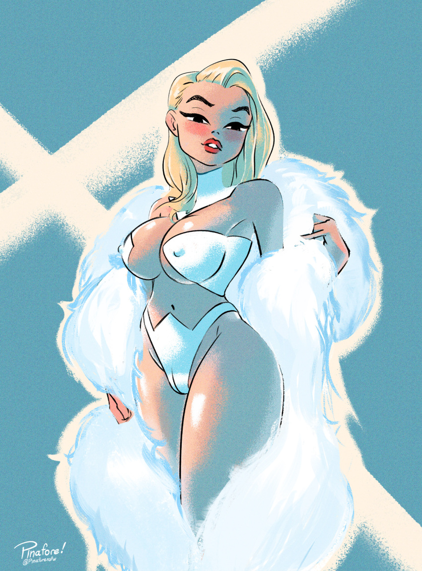 blonde_hair breasts cameltoe cape choker emma_frost fur_cape large_breasts marvel marvel_comics new_x-men nipple_bulge nipples panties pinafore_(artist) white_queen x-men