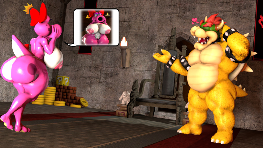 1boy 1girls 3d 3d_(artwork) anthro areola ass big_breasts birdo birdo_(character) bow_accessory bowser breasts castle claws clitoris cobaltapple collar detailed_background digital_media_(artwork) duo feet female genitals hi_res humanoid image_bubble indoors inside koopa male mammal mario_(series) muscular nintendo nipples nude part_of_a_set pink_body plant pussy reptile scalie sfm siphon_(anatomy) spikes super_mario_bros. tail thick_thighs toe_claws