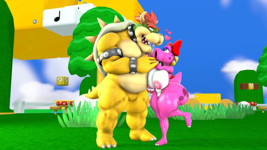 1boy 1girls 3d 3d_(artwork) anthro areola ass big_breasts birdo birdo_(character) bow_accessory bowser breasts claws clitoris cobaltapple collar detailed_background digital_media_(artwork) duo feet female genitals grass heart hi_res humanoid image_bubble koopa male mammal mario_(series) muscular nintendo nipples nude outdoors outside part_of_a_set pink_body plant pussy reptile scalie sfm siphon_(anatomy) smile spikes super_mario_bros. tail thick_thighs toe_claws tree