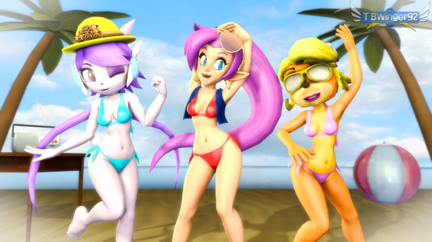 3d 3girls anthro aquatic_dragon bandicoot beach bikini coco_bandicoot crash_(series) crossover dancing dragon female female_only female_protagonist freedom_planet freedom_planet_2 multiple_girls sash_lilac shantae shantae_(character) tbwinger92 video_games water_dragon wink