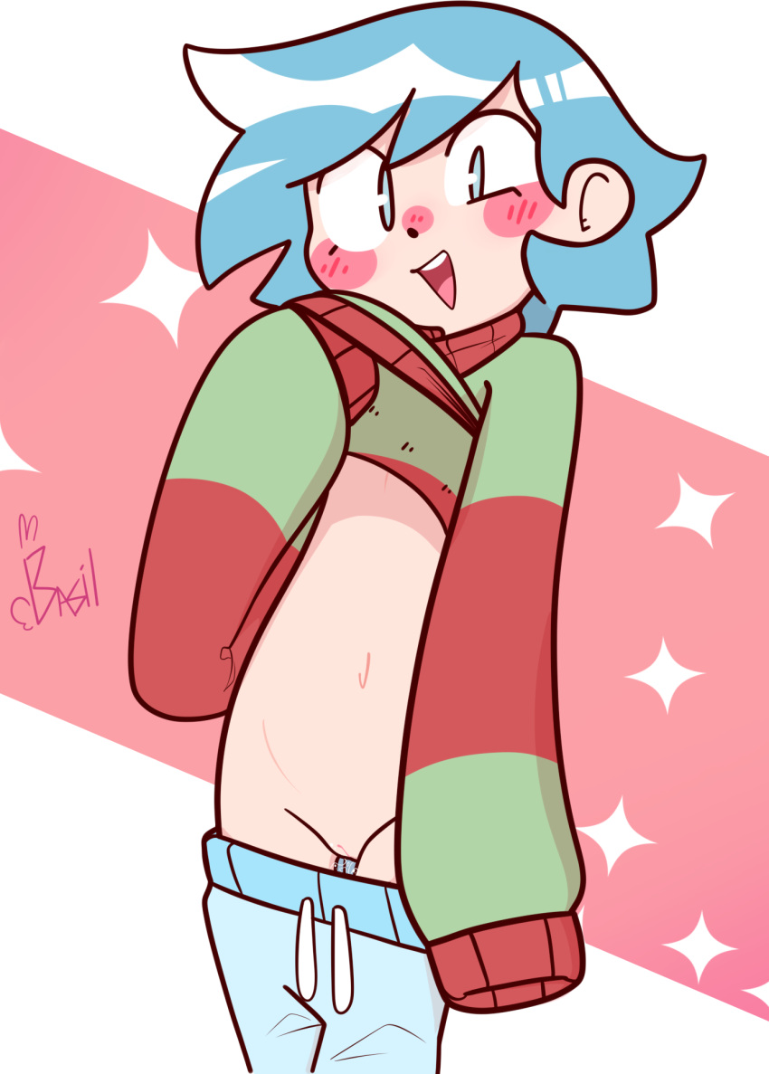 1boy 1cuntboy 2023 adorable artist_name blue_hair cuntboy drawz_artz hair highres human male original original_character pussy solo solo_focus standing sweater undressing vincent_(drawz_artz)