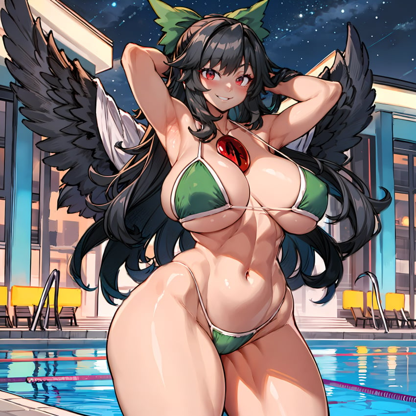 1girls 2d ai_generated big_breasts bikini black_hair breasts curvaceous hairbow hips hourglass_figure legs long_hair outdoors red_eyes smakiel source swimming_pool thick_hips thick_legs thick_thighs thighs touhou utsuho_reiuji wings