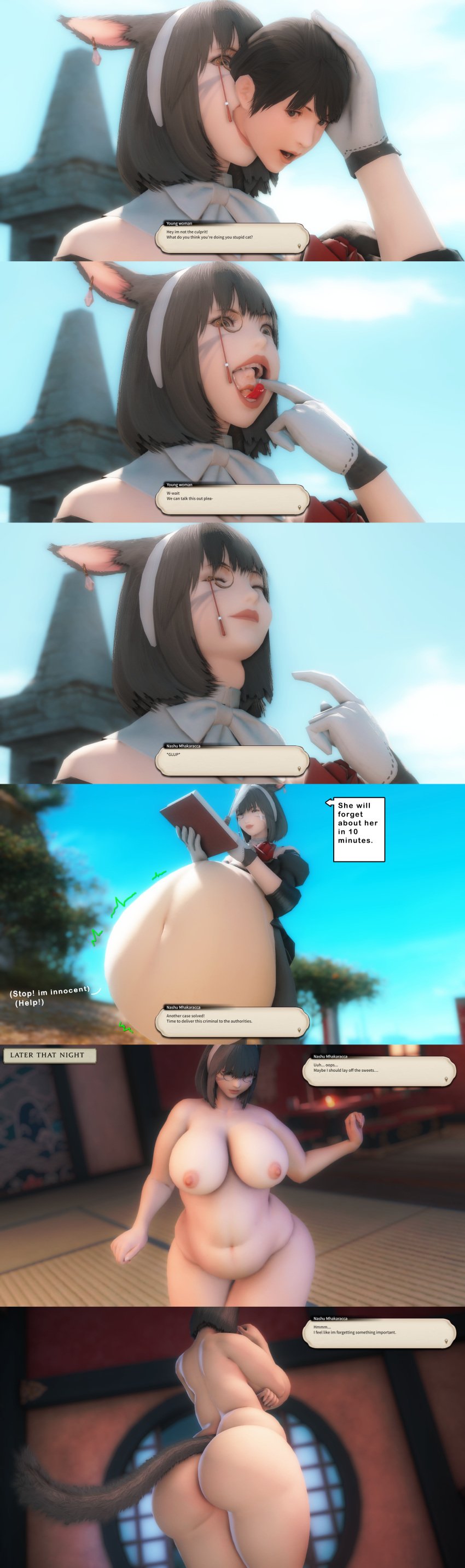 2girls 3d 3d_(artwork) accidental_digestion accidental_vore ass bbw belly belly_bulge big_ass big_belly big_belly_bulge big_butt cat_ears cat_girl cat_tail catgirl clothed_female fat fat_female female female_only female_pred female_prey final_fantasy final_fantasy_xiv light-skinned_female light_skin miqo'te naked naked_female nashu_mhakaracca nude nude_female nudity oral_vore post_digestion post_vore same_size_vore soft_vore unwilling_prey unwilling_vore vore vore_belly weight_gain