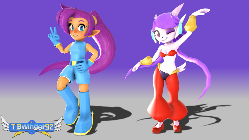 2girls 3d anthro aquatic_dragon clothes_swap crossover dragon female female_only female_protagonist freedom_planet freedom_planet_2 looking_at_viewer multiple_girls sash_lilac shantae shantae_(character) tbwinger92 video_games water_dragon winking_at_viewer