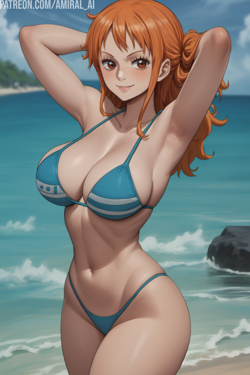 1girls ai_generated amiral_ai armpits arms_behind_head arms_up beach bikini bikini_bottom blue_sky blush breasts cleavage cloud female female_only hands_in_hair hips hourglass_figure huge_breasts large_breasts light-skinned_female light_skin long_hair looking_at_viewer nami nami_(one_piece) navel no_pants ocean one_piece orange_eyes orange_hair outdoors post-timeskip presenting_armpit sky smile solo standing thick_thighs thighs tight_clothing waves wide_hips