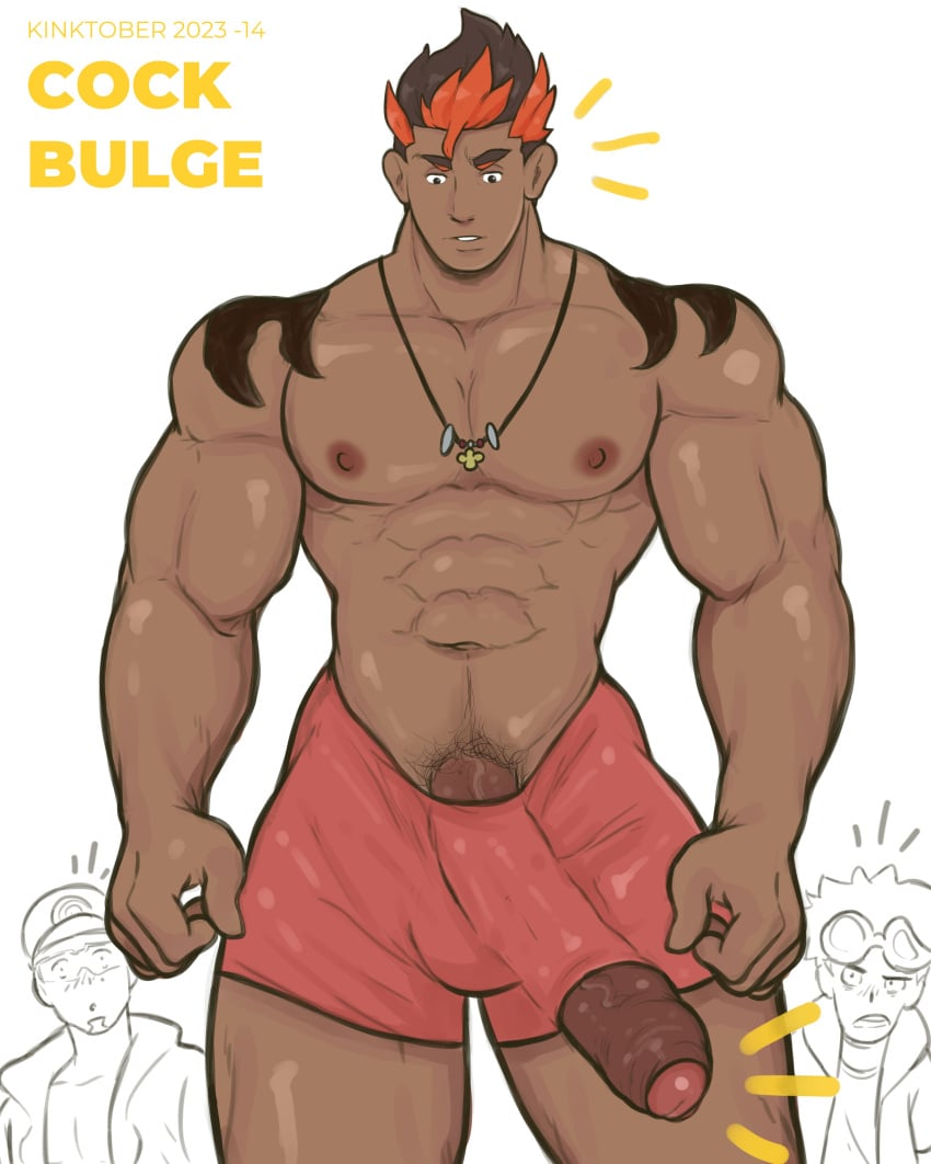 3boys abs bara bara_tiddies bara_tits boner buff cock_bulge dark-skinned_male erection gay gay_male guzma_(pokemon) hoybarartist huge_cock kiawe_(pokemon) kinktober kukui_(pokemon) looking_at_own_penis male male_only muscular_arms muscular_male necklace page_14 penis_through_leghole pokemon pokemon_sm shorts shoulder_tattoo surprised tattoos thick_thighs two_tone_hair uncut