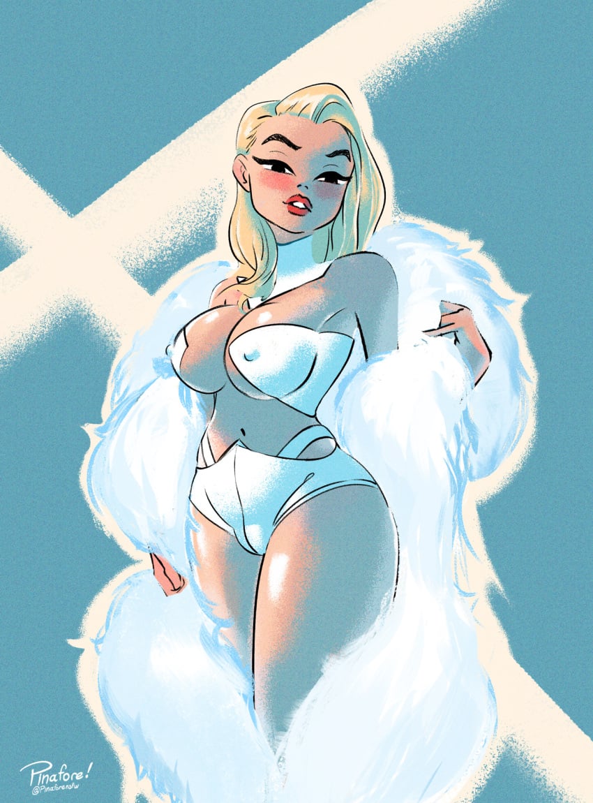 blonde_hair breasts cameltoe cape choker emma_frost fur_cape large_breasts marvel marvel_comics new_x-men nipple_bulge nipples panties pinafore_(artist) white_queen x-men