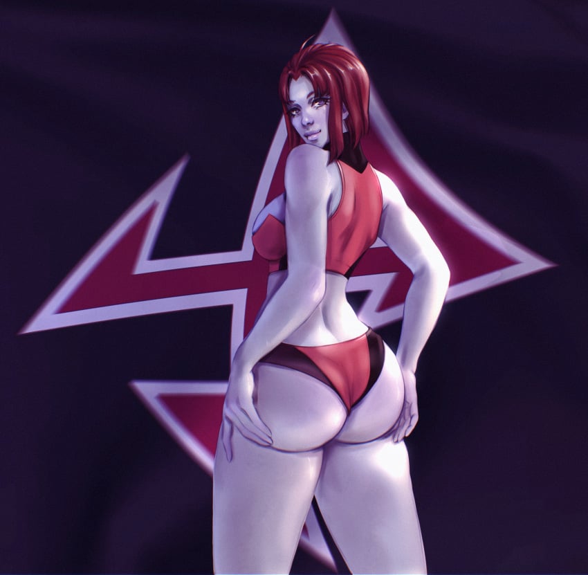 1girls alien alien_girl blue_skin bra commission commission_art commissioner_upload cowboy_shot flag from_behind gamilas hands_on_own_ass large_ass looking_at_viewer looking_back melda_deitz puppyinanappy purple_eyes red_hair solo space_battleship_yamato space_battleship_yamato_2199 standing tagme thick_thighs thighs