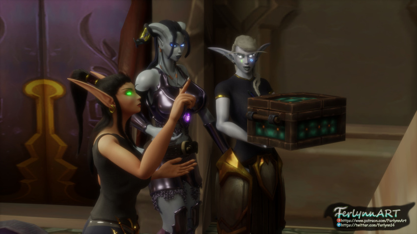 3d 3d_(artwork) blood_elf draenei elf elf_ears female ferlynn glowing_eyes ishari laxiny night_elf pointy_ears sfw story world_of_warcraft