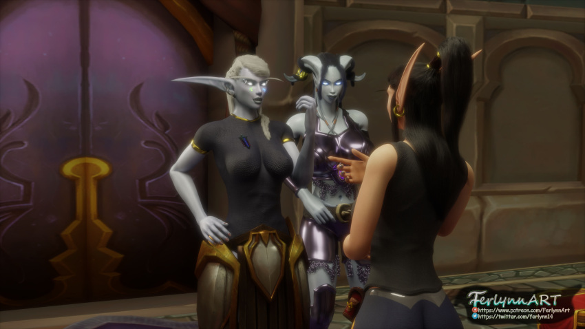 3d 3d_(artwork) blood_elf draenei elf elf_ears female ferlynn glowing_eyes ishari laxiny night_elf pointy_ears sfw story world_of_warcraft