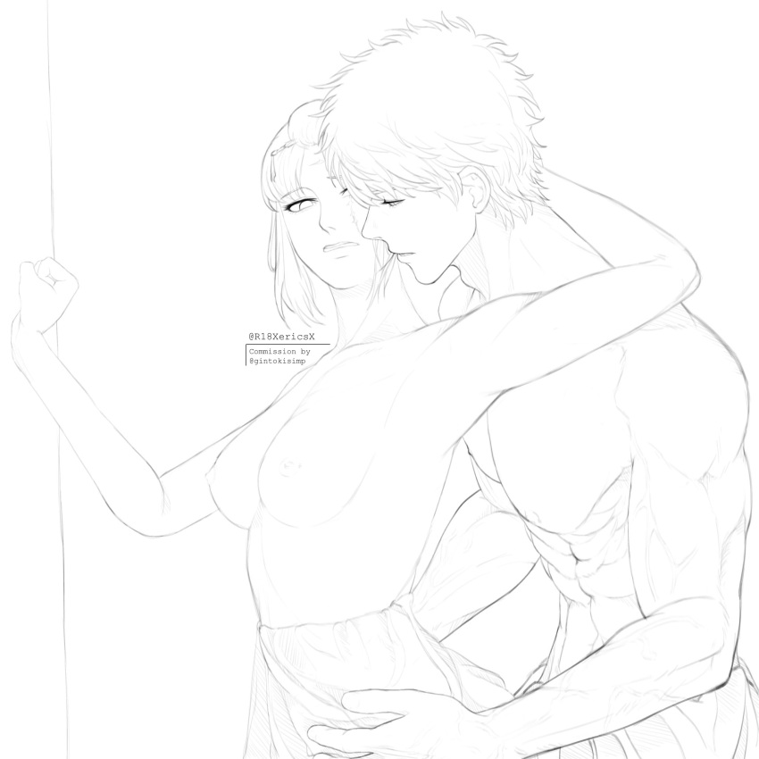 1boy 1girls against_wall ambiguous_penetration arm_around_neck arm_up commission female from_behind gintama gintoki_sakata hip_grab implied_sex line_art looking_at_another looking_back male medium_breasts monochrome muscular muscular_male offscreen_sex r18xericsx shounen_jump sketch tied_hair topless topless_female topless_male tsukuyo