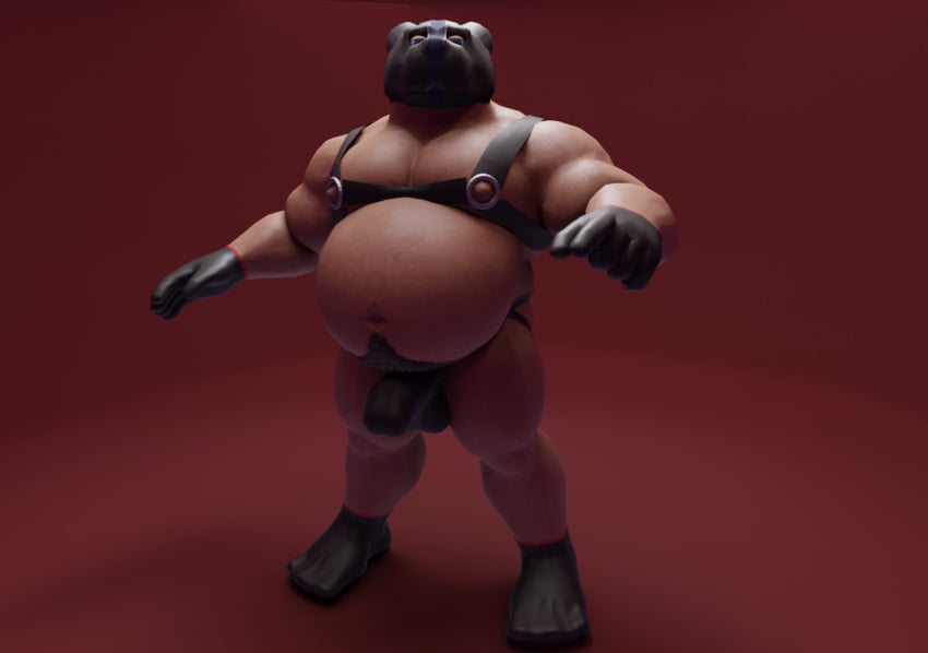 3d_(artwork) alanottaviano anthro barazoku bear belly brown_bear brown_body brown_fur bulge clothing digital_media_(artwork) fur gloves grizzly_bear handwear jockstrap latex latex_clothing latex_gloves male male/male mammal musclegut muscular muscular_male overweight overweight_male solo underwear ursine