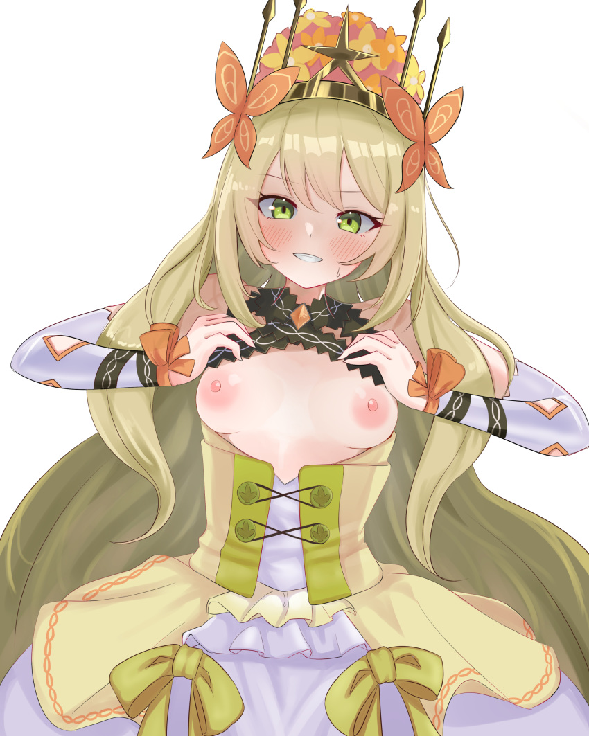 1girls absurdres bare_shoulders blonde_hair blush bow breasts butterfly_hair_ornament celine_(fire_emblem) crown detached_sleeves dress dress_bow female female female_only fire_emblem fire_emblem_engage flashing flower green_eyes hair_flower hair_ornament highres lifted_by_self long_hair looking_at_viewer narunaru_(mimizu) nintendo nipples orange_bow small_breasts smile solo teeth very_long_hair white_background wrist_bow yellow_bow yellow_dress