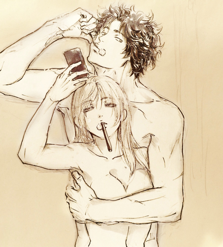 1boy 1girls arm_around_partner brushing_teeth cleavage covered_nipples female gintama height_difference long_hair male medium_breasts mirror monochrome morning morning_after mutsu_(gintama) nude phone sakamoto_tatsuma selfie shorter_female taller_male toothbrush traditional_media_(artwork) upper_body wholesome yunogama01