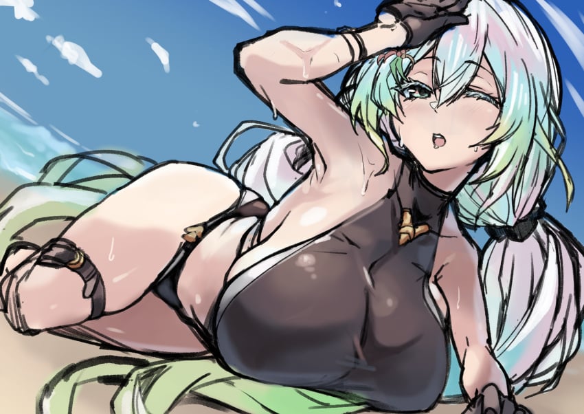 1girls black_gloves breasts clothed clothing cupitan_(granblue_fantasy) female female_only gene_(gear_gene) gloves granblue_fantasy huge_breasts light-skinned_female light_skin multicolored_hair one_eye_closed outside sand sideboob sky solo sweat