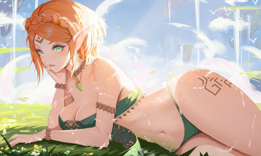 1girls big_ass big_breasts blonde_hair breast_press casual cleavage female female_only light-skinned_female navel neorarty3 nintendo outdoors princess_zelda tears_of_the_kingdom the_legend_of_zelda zelda_(tears_of_the_kingdom)