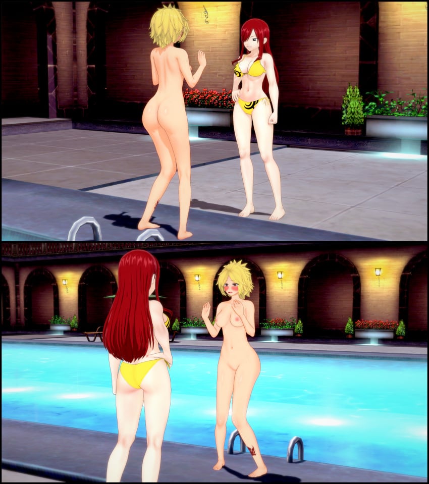 2girls ass back barefoot bikini blonde_hair breasts clothed_female_nude_female completely_nude completely_nude_female dimaria_yesta erza_scarlet fairy_tail long_hair multiple_girls navel nipples nude nude_female pussy rear_view red_hair retropunch short_hair skinny_dipping wet wet_body yellow_bikini