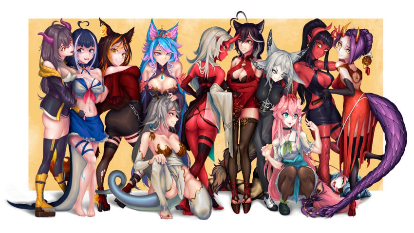 akumi blue_eyes dog_ears dog_girl dya_rikku_(vtuber) fox_ears horns indie_virtual_youtuber momotexx_(vtuber) multiple_girls oni oni_horns onigiri_(vtuber) open_toe_shoes pink_hair purple_eyes rainhoe red_skin scars shylily silvervale sinder_(vtuber) veibae virtual_youtuber vtuber vyugen white_hair yellow_eyes yuniiho_(character)