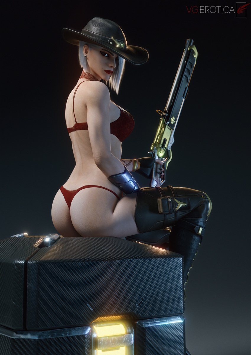 1girls 3d alternate_version_available ashe_(overwatch) ass blender blizzard_entertainment bra clothed clothing cowgirl cowgirl_hat earrings elizabeth_caledonia_ashe female female_focus female_only gun hat headwear highres holding holding_object light-skinned_female light_skin lingerie lipstick long_hair looking_at_viewer looking_to_the_side lootbox medium_breasts overwatch overwatch_2 panties pinup presenting presenting_ass red_bra red_lingerie red_lipstick red_panties sideboob simple_background sitting solo solo_focus underwear vgerotica watermark weapon white_hair