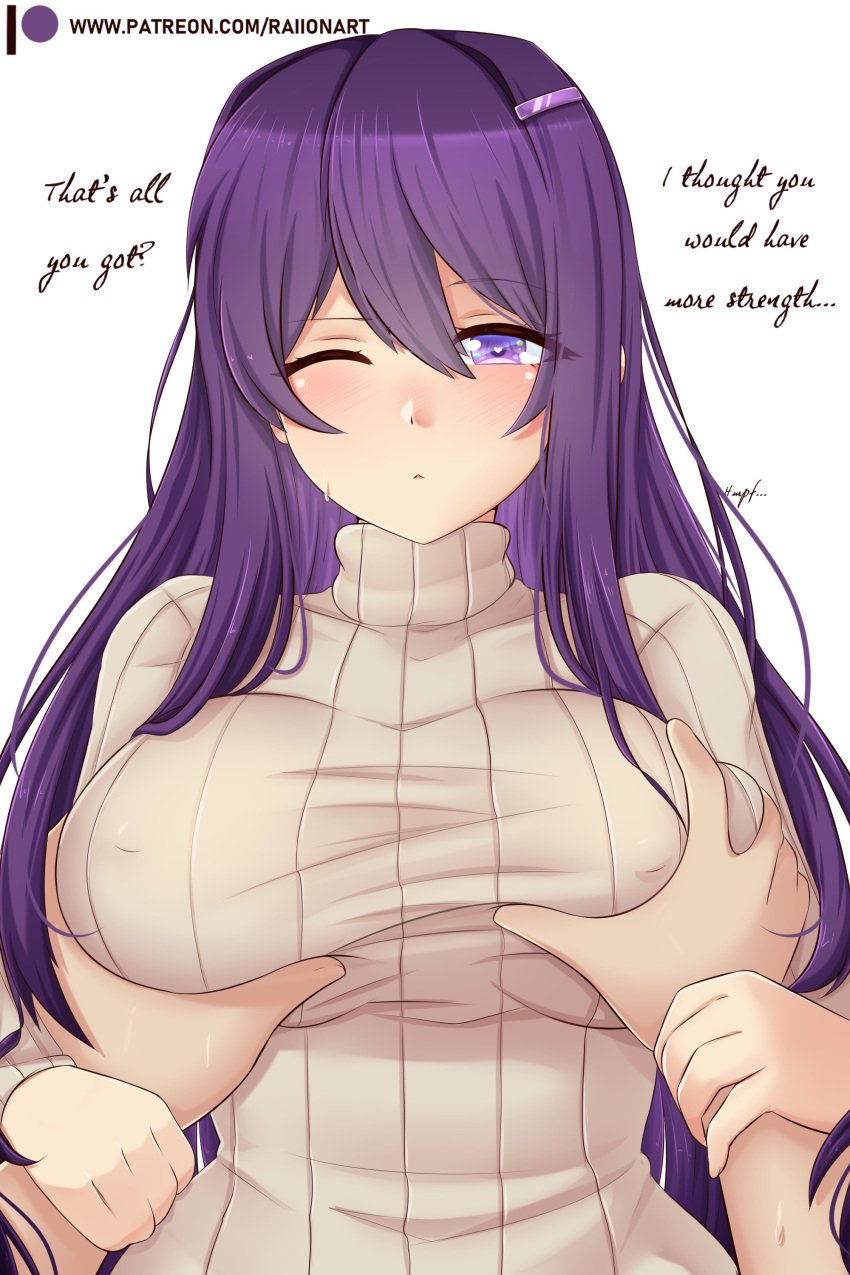 big_breasts blush blushing breast_grab breast_squeeze doki_doki_literature_club erect_nipples eyes_closed grabbing grabbing_breasts horny horny_female long_hair long_neck long_sleeves nipples_visible_through_clothing one_eye_closed purple_eyes purple_hair raionart tight_clothing yuri_(doki_doki_literature_club)