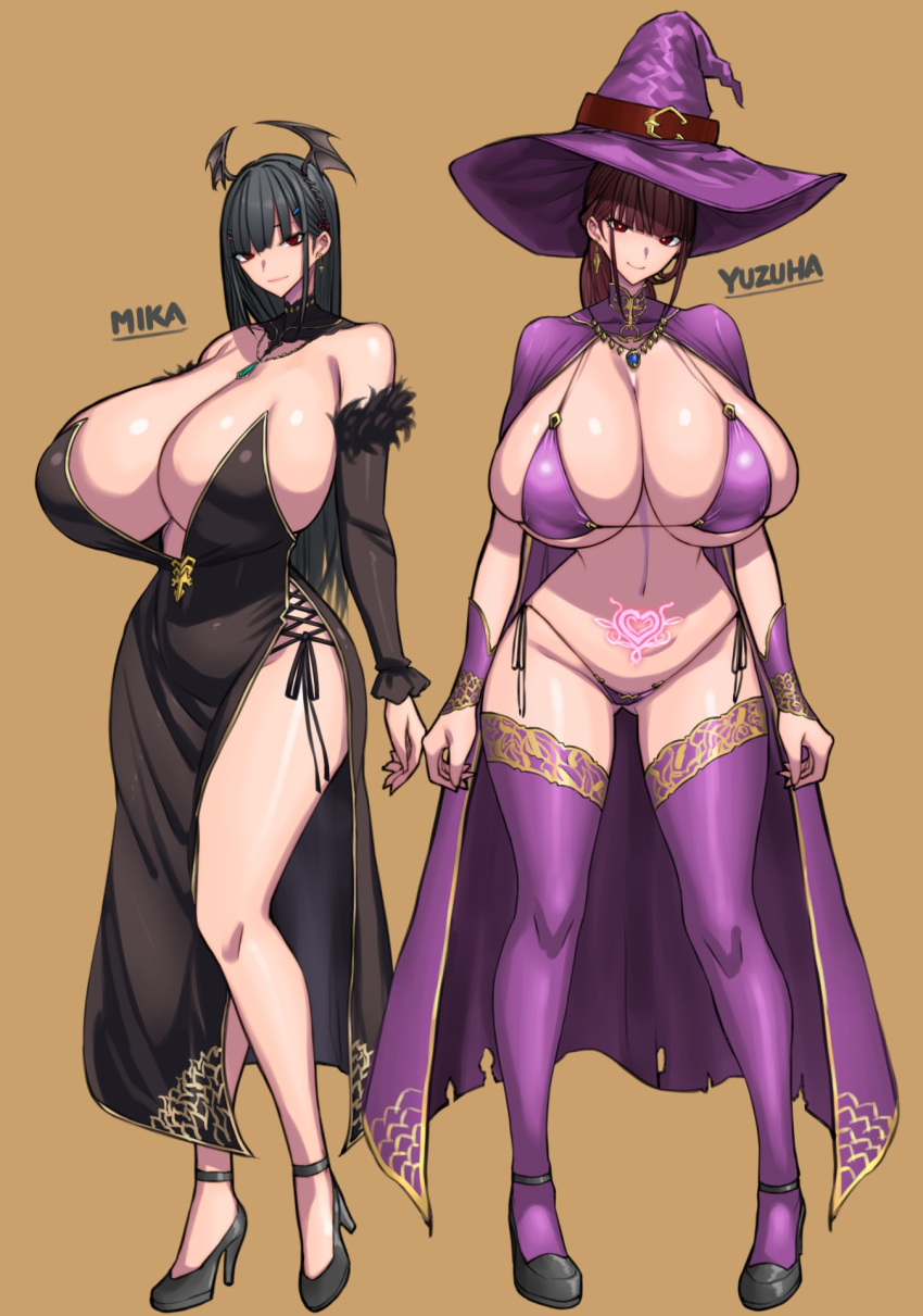 2girls bikini breasts cleavage female halloween hat high_heels huge_breasts large_hat light-skinned_female light_skin long_hair massive_breasts naughty_face original original_character smile thighhighs witch_hat wolffeld_price