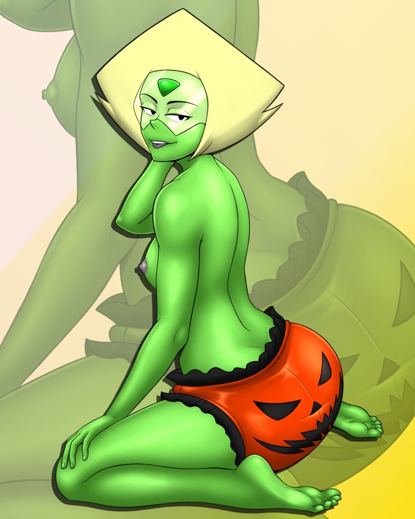 1girls 2023 abdl absurd_res barefoot cartoon_network commission diaper diaper_only digital_media_(artwork) feet green_hair green_skin halloween honeycums peridot_(steven_universe) pinup pumpkin small_breasts smug soles solo steven_universe toes tongue_out visor