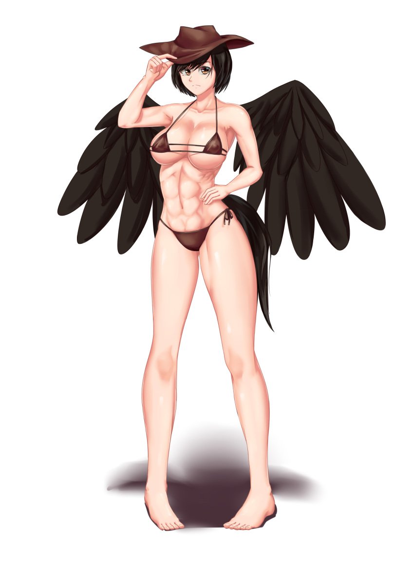 1girls 2d abs acc barefoot belly_button bikini black_hair breasts brown_eyes cowboy_hat female female_only hips horse_tail legs saki_kurokoma short_hair solo source thighs touhou tummy wings