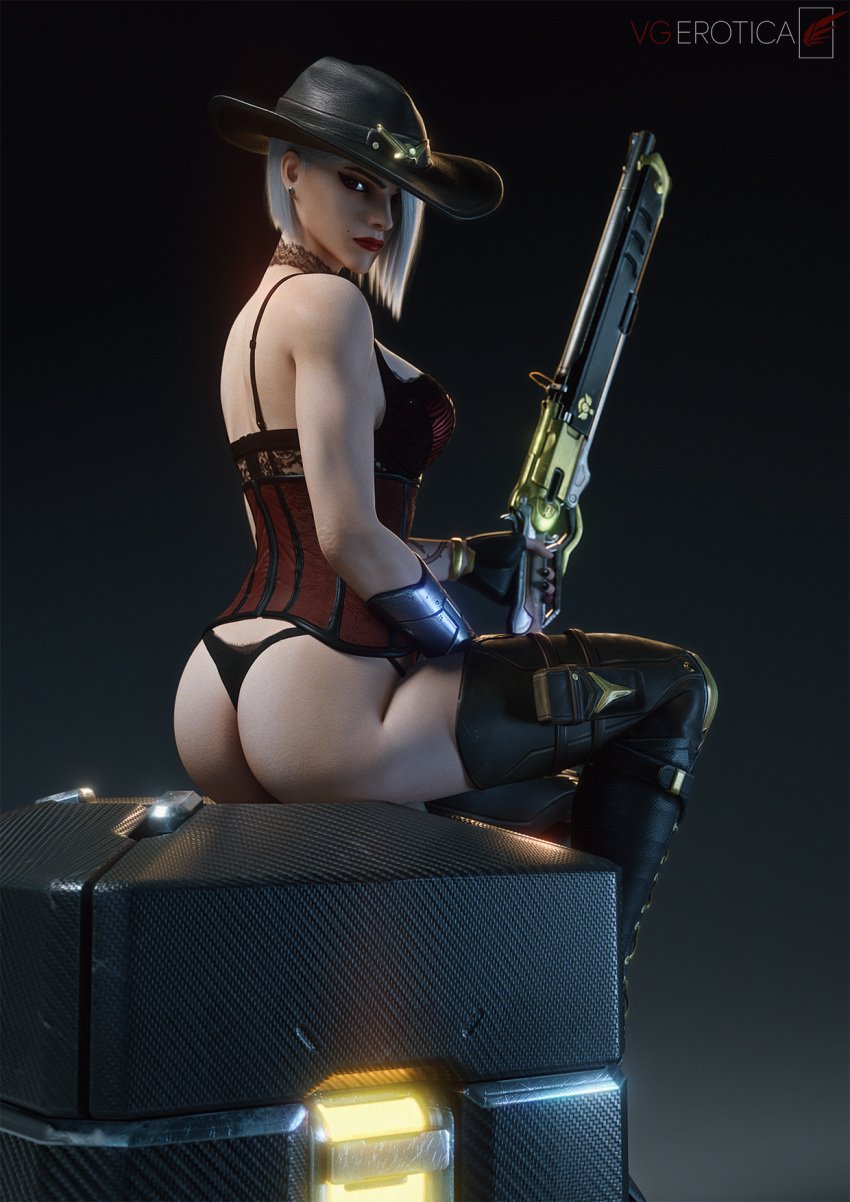 1girls 3d alternate_version_available ashe_(overwatch) ass black_panties blender blizzard_entertainment clothed clothing corset cowgirl cowgirl_hat earrings elizabeth_caledonia_ashe female female_focus female_only gun hat headwear highres holding holding_object light-skinned_female light_skin lipstick long_hair looking_at_viewer looking_to_the_side lootbox medium_breasts overwatch overwatch_2 panties pinup presenting presenting_ass red_lipstick sideboob simple_background sitting solo solo_focus underwear vgerotica watermark weapon white_hair